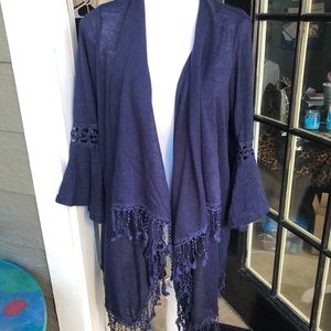 Lady's Navy Blue Cardigan w/Fringe Trim! Sz Lg